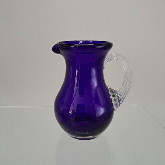 Pilgrim Glass Cobalt Blue Pitcher Clear Ribbed Applied Handle Vintage - Picture 10 of 10